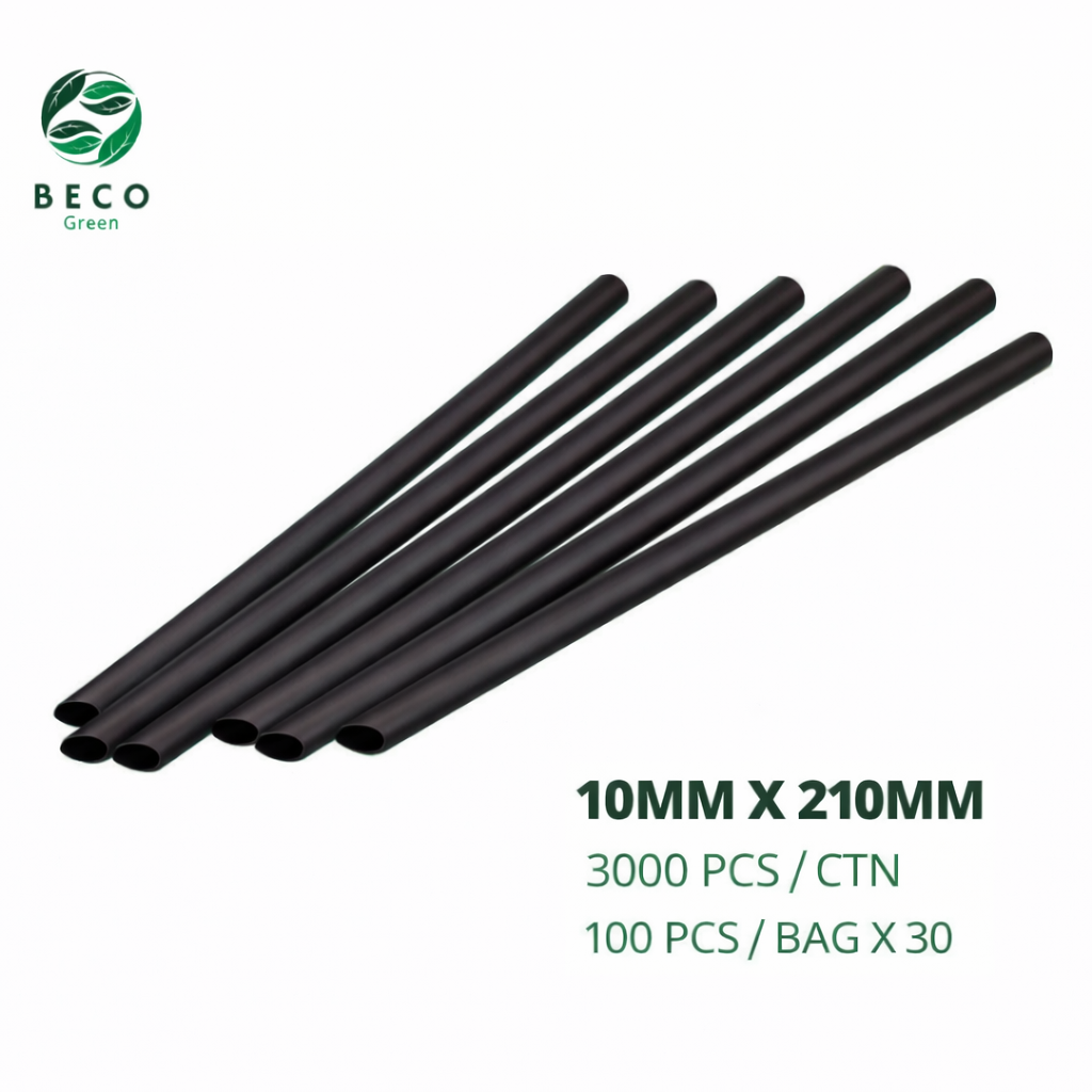 BECO Green Sugarcane Bagasse Fibre ZERO Plastic Milkshake Straws - Black - 10MM X 210MM