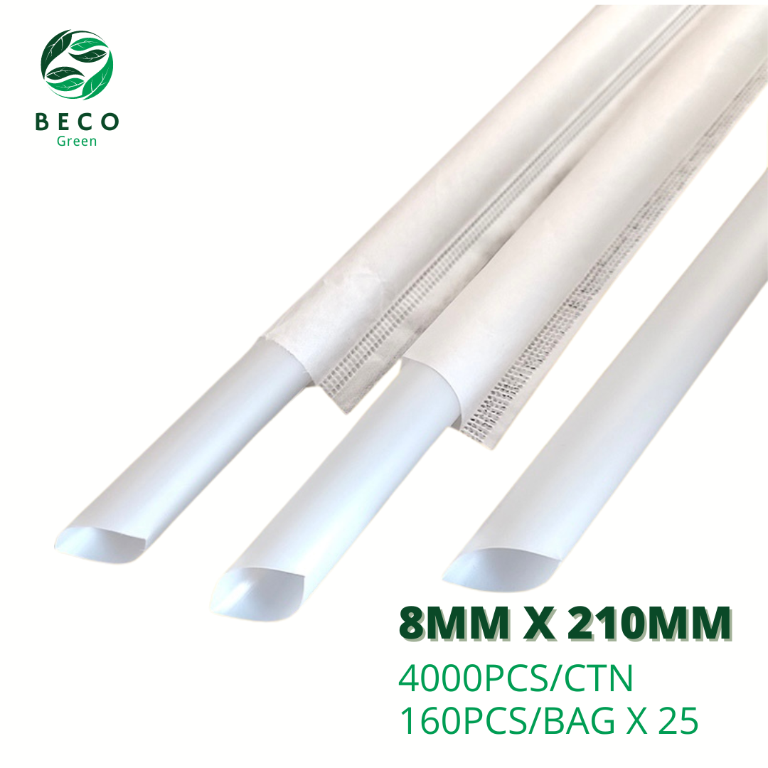 BECO Green Sugarcane Bagasse Fibre ZERO Plastic Milkshake Straws - White - 8MM X 210MM