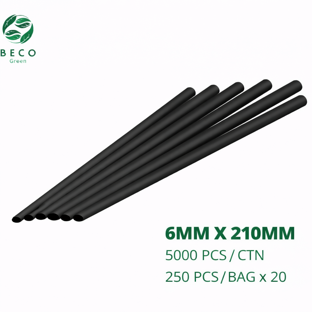 BECO Green Sugarcane Bagasse Fibre ZERO Plastic Milkshake Straws - Black - 6MM X 210MM