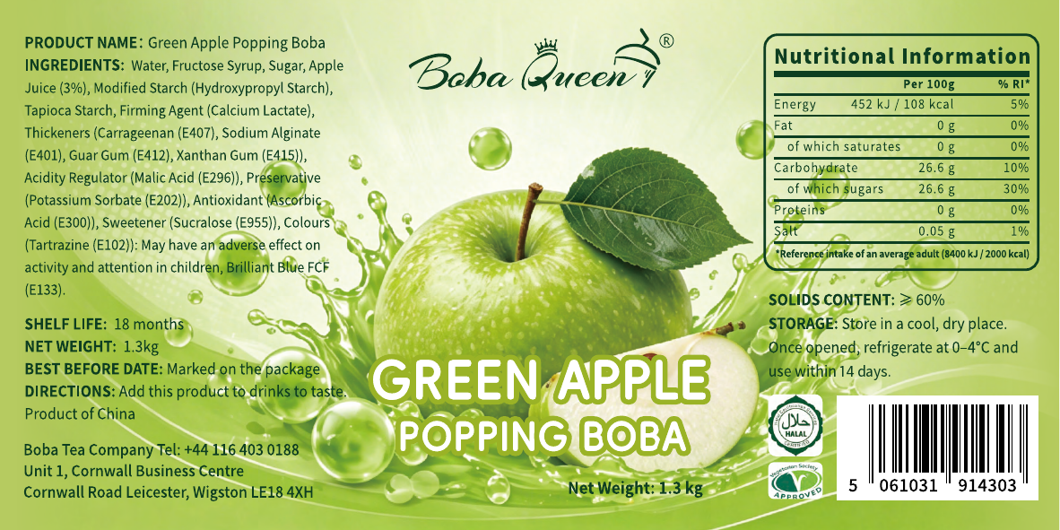 Boba Queen Green Apple Popping Boba — 1.3kg Tub