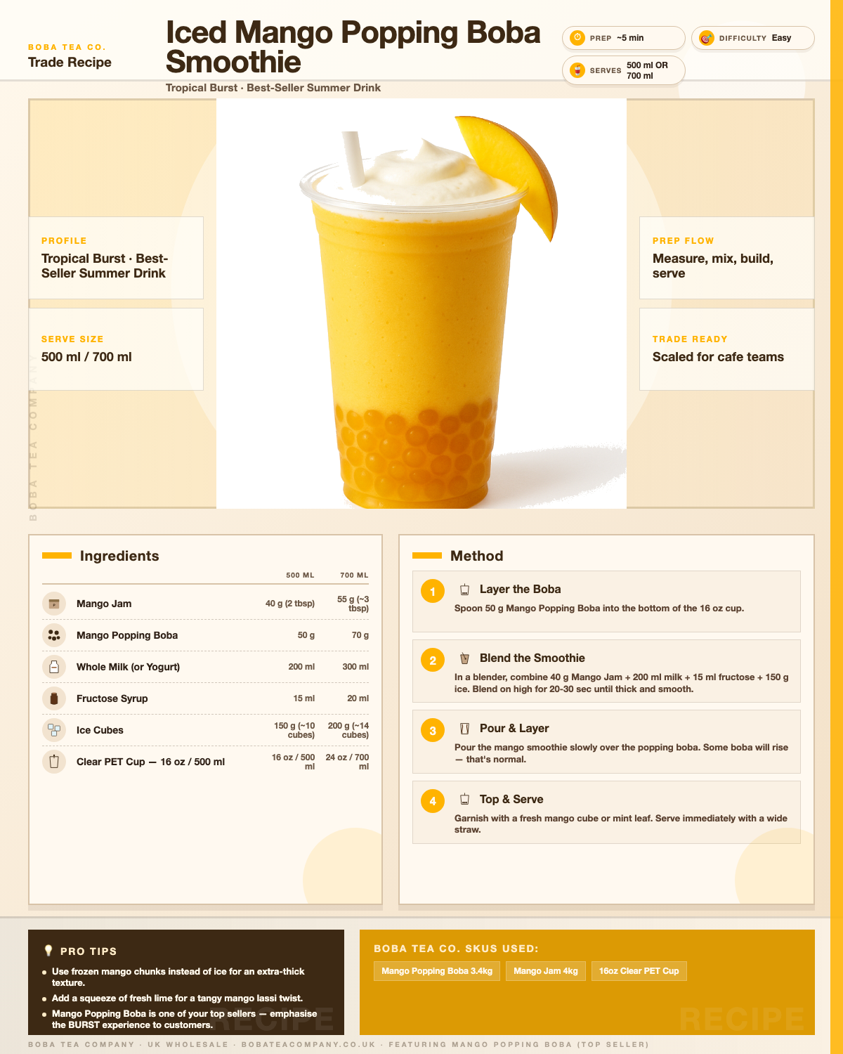 Recipe iced-mango-popping-boba-smoothie: How to make Iced Mango Popping Boba Smoothie using Boba Tea Company Mango Jam - 4kg