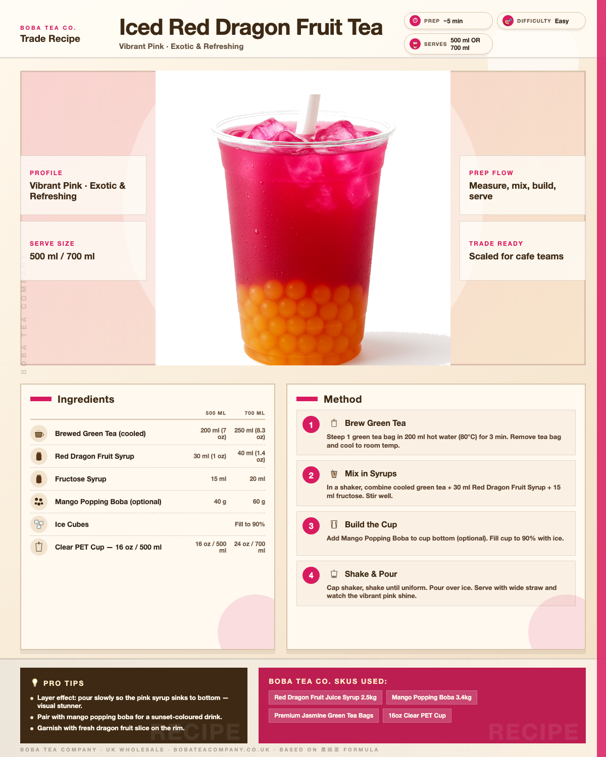 Recipe iced-red-dragon-fruit-tea: How to make Iced Red Dragon Fruit Tea using Boba Tea Company Red Dragon Fruit Juice Syrup - 2.5kg