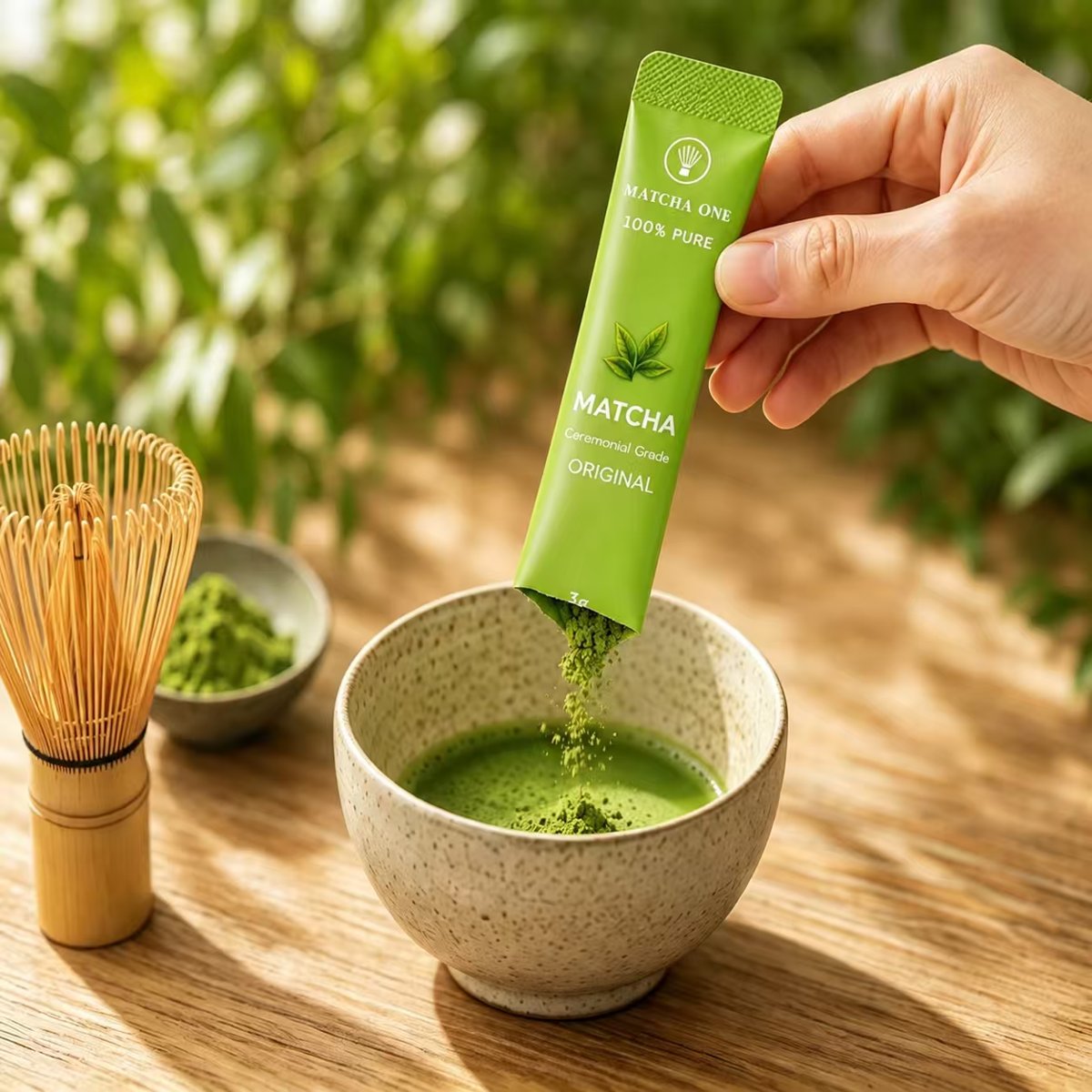 Matcha One 3g stick being poured into a ceramic bowl of whisked matcha, bamboo whisk alongside