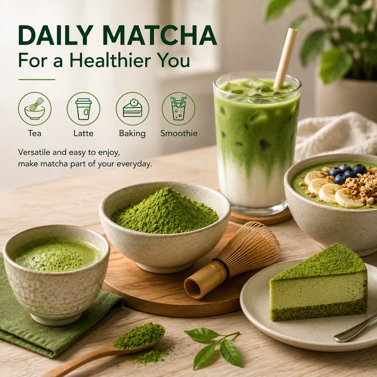 Daily matcha serving ideas: tea, latte, baking and smoothie