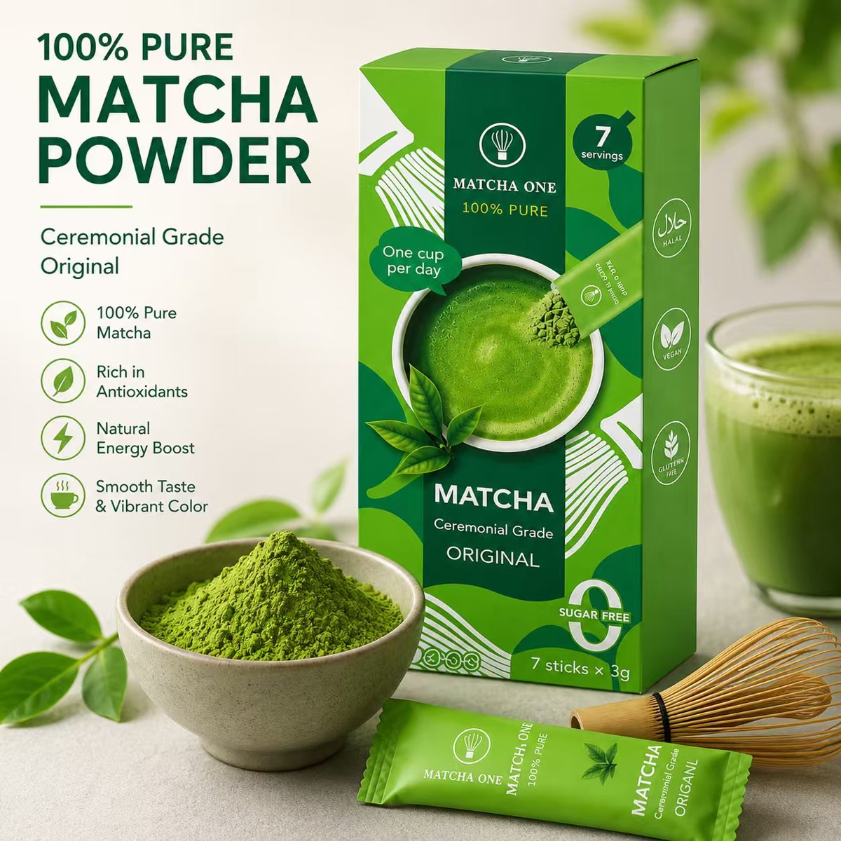 Matcha One 100% pure ceremonial grade original, 7 sticks x 3g, halal, vegan, gluten free, sugar free