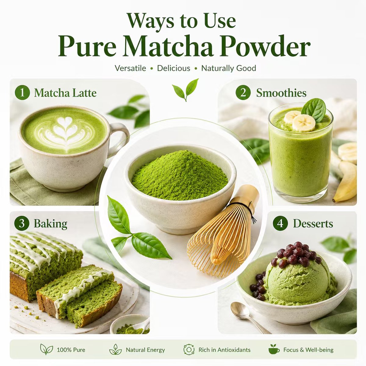 Ways to use pure matcha powder: latte, smoothies, baking and desserts