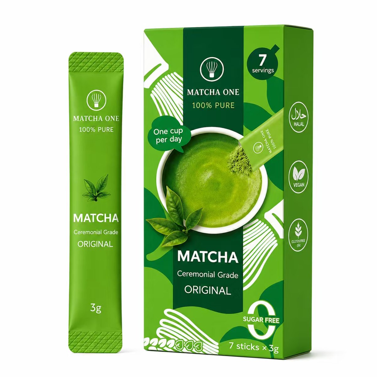 Matcha One Ceremonial Grade Original retail box and 3g stick on a white background