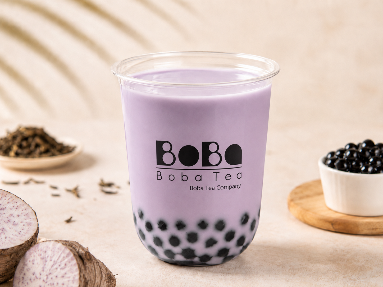 Taro milk tea bubble tea in a clear cup with tapioca pearls — Boba Tea Company