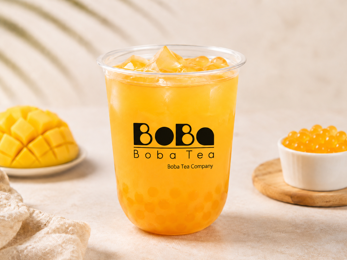 Mango fruit tea bubble tea in a clear cup with popping boba — Boba Tea Company