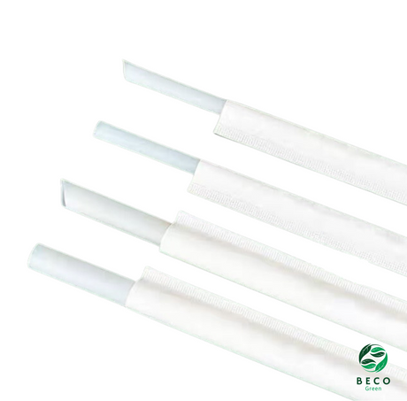 BECO Green Sugarcane Bagasse Fibre ZERO Plastic Milkshake Straws - White - 8MM X 210MM
