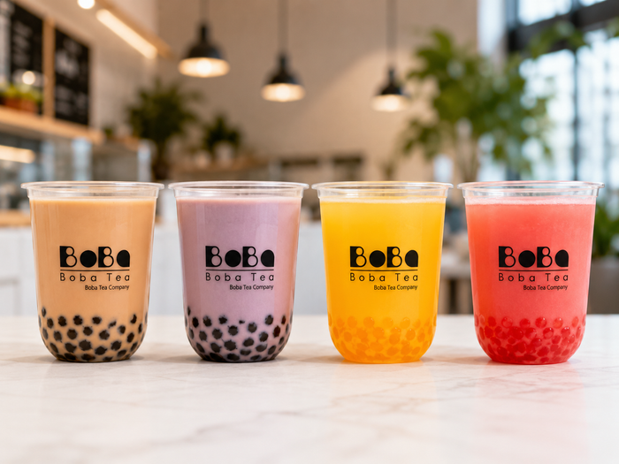 Range of colourful bubble teas in a UK café — Boba Tea Company