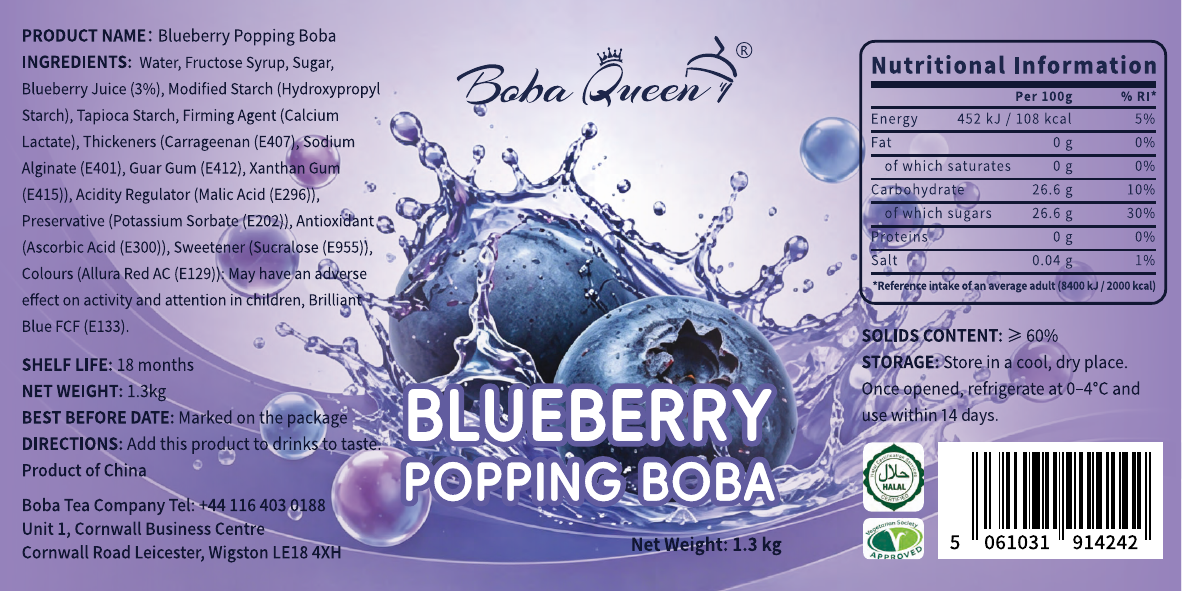 Boba Queen Blueberry Popping Boba — 1.3kg Tub