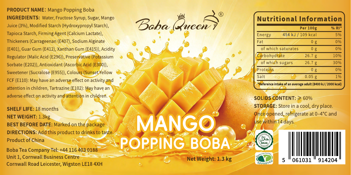 Boba Queen Mango Popping Boba — 1.3kg Tub