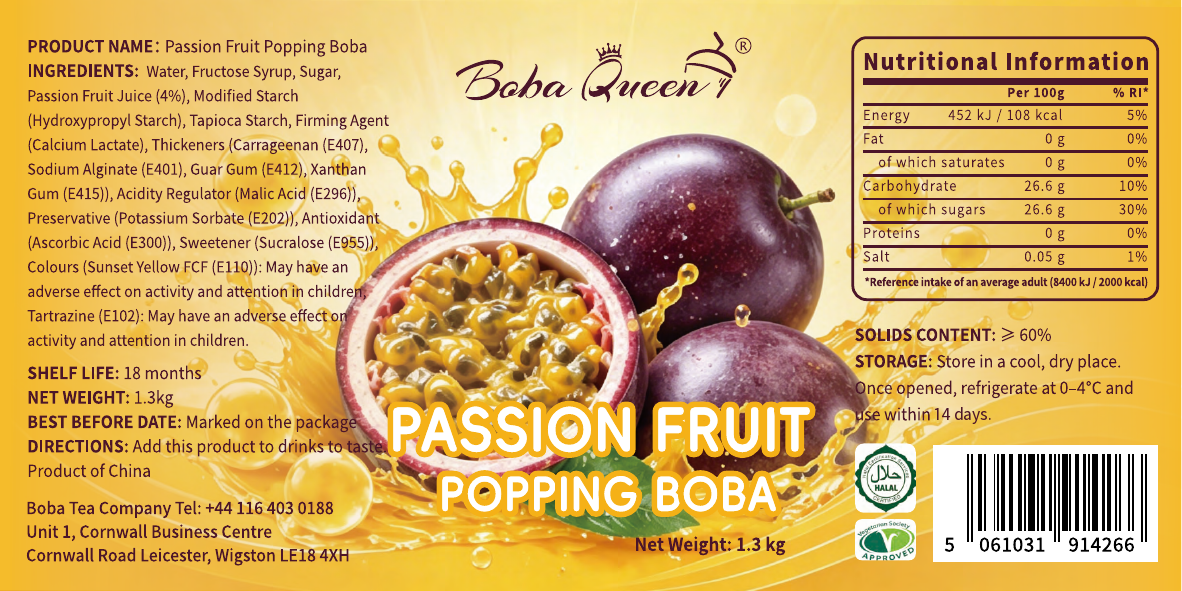 Boba Queen Passion Fruit Popping Boba — 1.3kg Tub