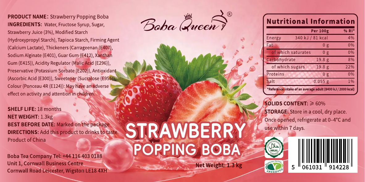 Boba Queen Strawberry Popping Boba 1.3kg packaging label