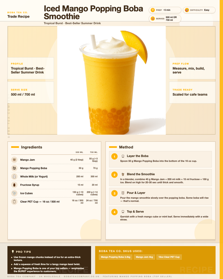 Recipe iced-mango-popping-boba-smoothie: How to make Iced Mango Popping Boba Smoothie using Boba Tea Company Mango Jam - 4kg