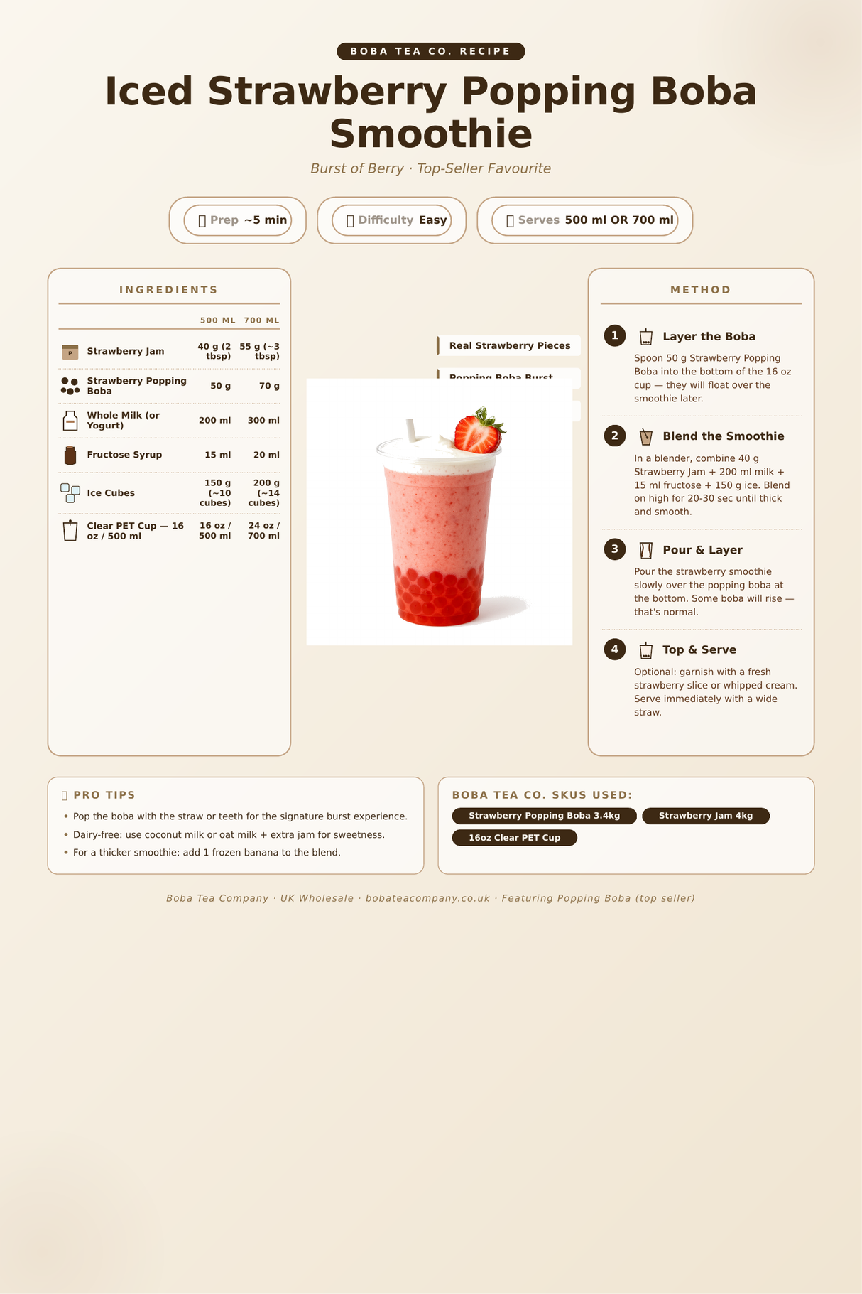 Recipe iced-strawberry-popping-boba-smoothie: How to make Iced Strawberry Popping Boba Smoothie using Boba Tea Company Popping Boba - Strawberry 3.4kg