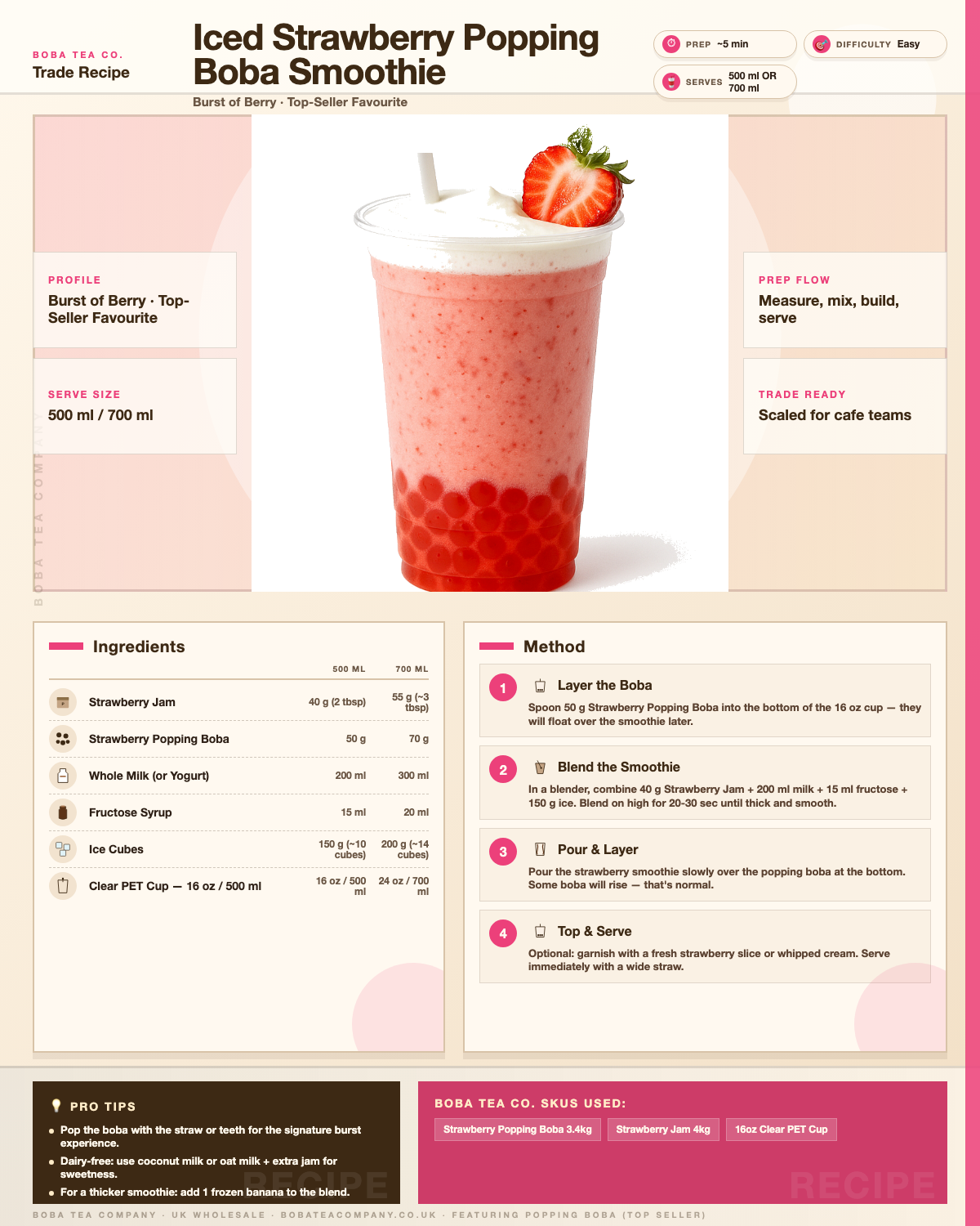 Recipe iced-strawberry-popping-boba-smoothie: How to make Iced Strawberry Popping Boba Smoothie using Boba Tea Company Popping Boba - Strawberry 3.4kg