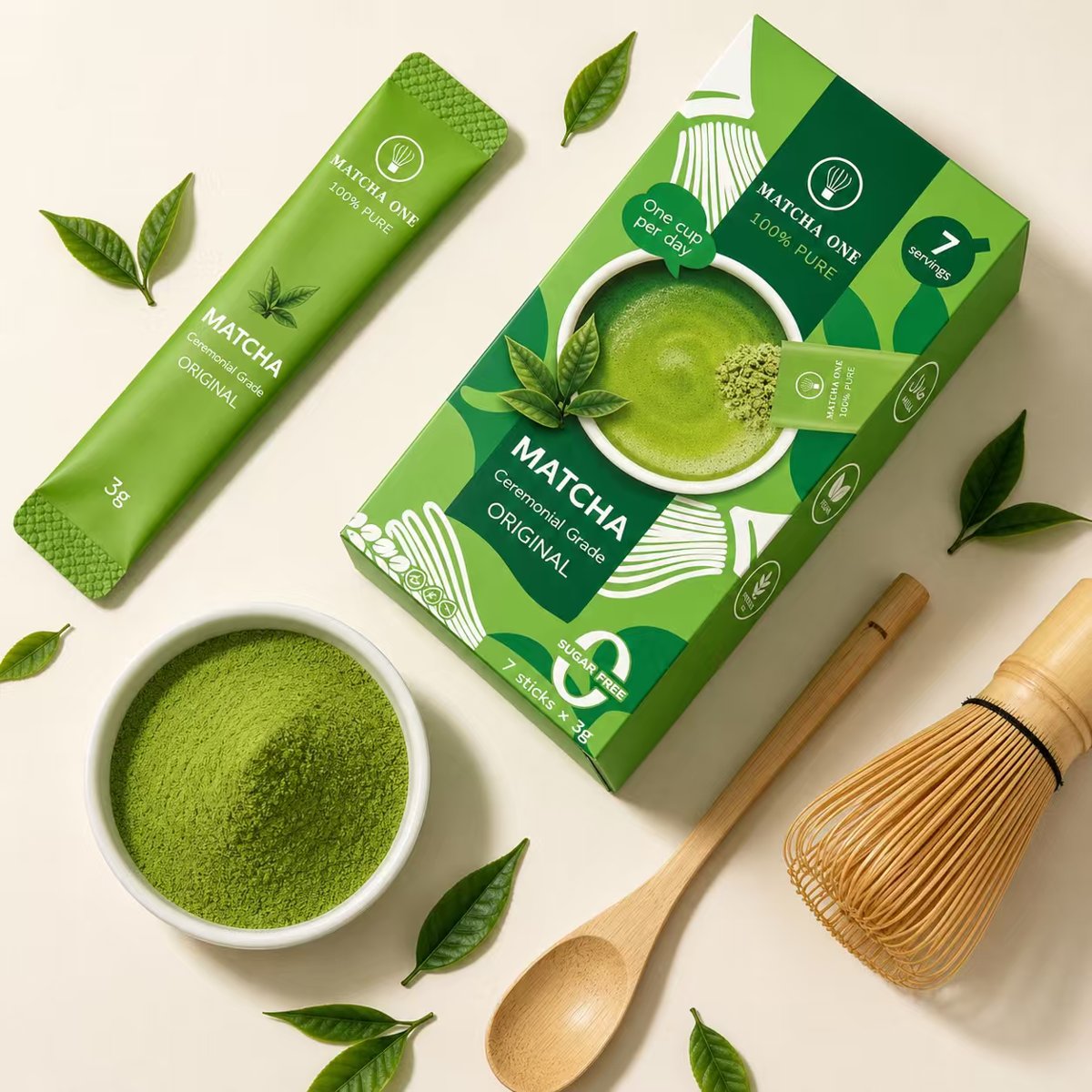 Matcha One box of 7 sticks x 3g with a single 3g stick, bowl of matcha powder and bamboo whisk